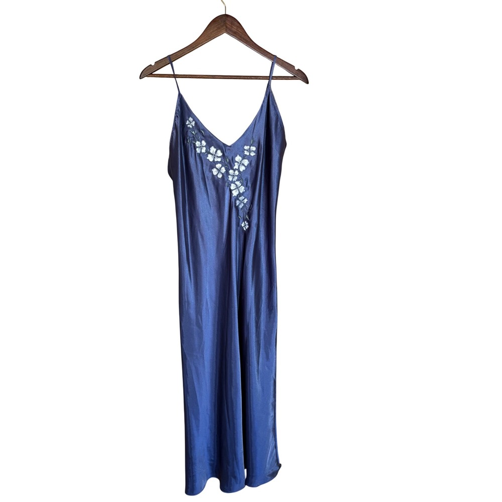 Jones New York Blue Floral Embroidered Maxi Nightgown Sleepwear Large